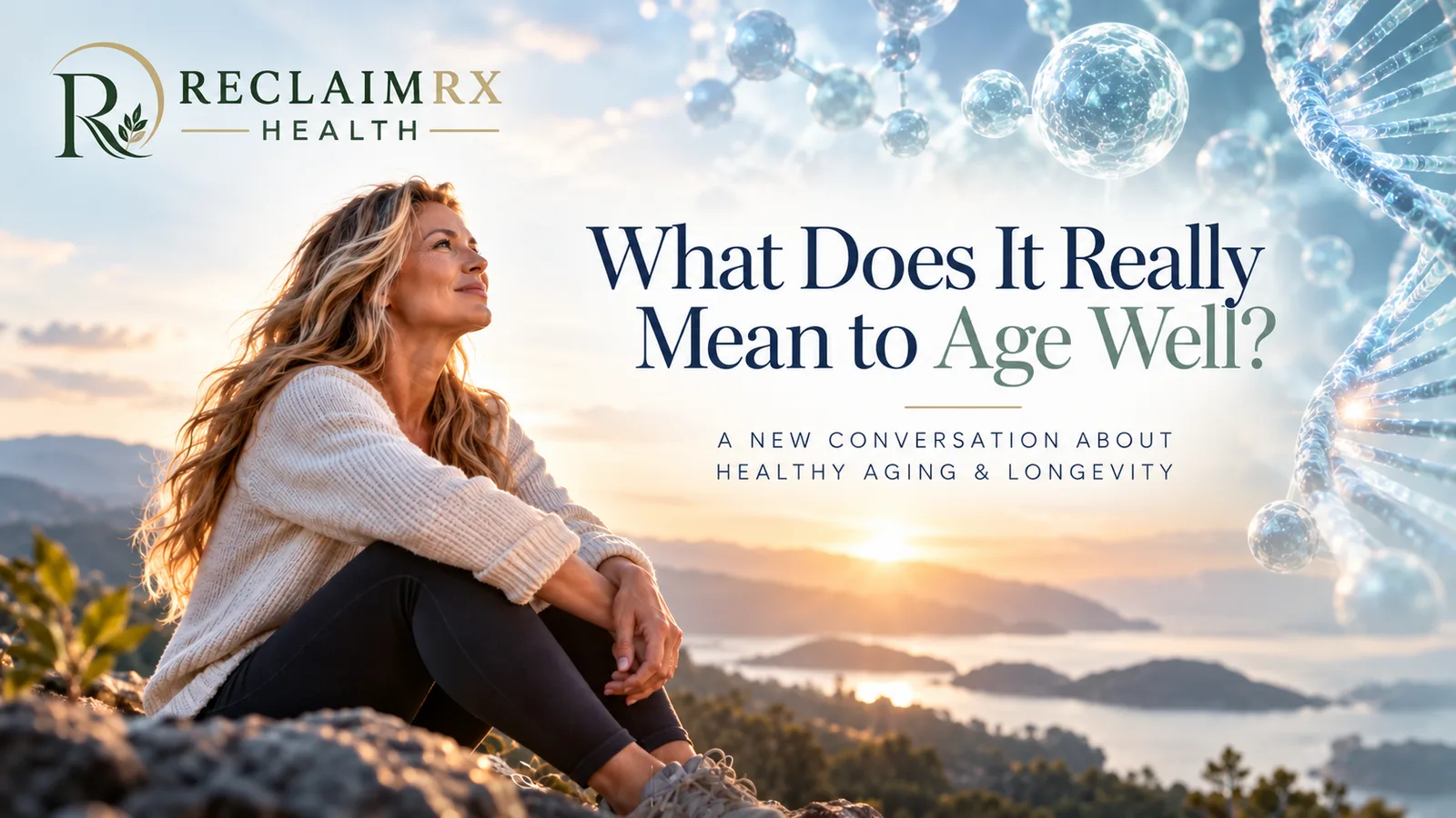 Woman seated on a hillside at sunrise looking toward the horizon, beside the title What Does It Really Mean to Age Well? A New Conversation About Healthy Aging and Longevity.